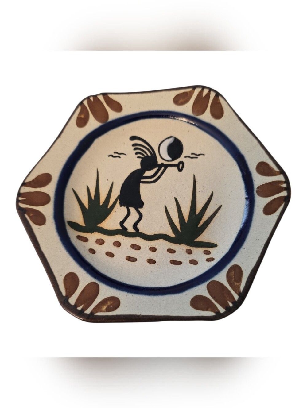 Vintage Tonala? Pottery Kokopelli Playing Instrument Plate Mexico 5.75”